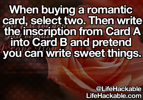 Image: A greeting card with a red rose. Image text: When buying a romantic card, select two. Then write the inscription from Card A into Card B and pretend you can write sweet things.