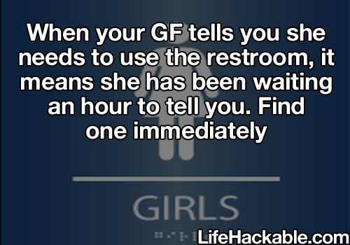 Image: a women's loo sign. Image text: When your GF tells you she needs to use the restroom, it means she has been waiting to an hour to tell you. Find one immediately.