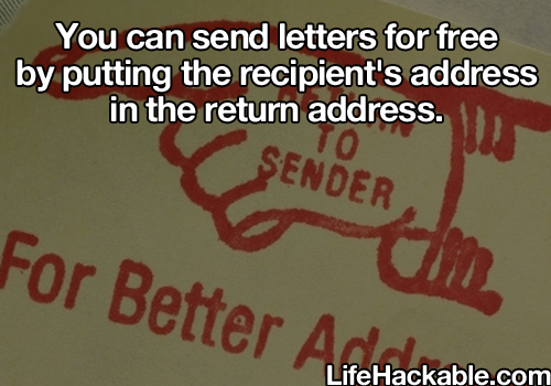 Image: A 'return to sender' postmark. Image text: You can send letters for free by putting the recipient's address in the return address.